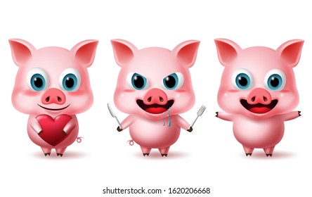 Pig standing characters vector set. Animal pigs character in cute expressions of  hungry, happy and excited with heart, knife and pork elements isolated in white background. Vector illustration. 