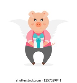 Pig standing with gift/present in his hands. Cute childish vector illustration. 