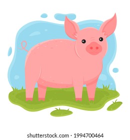 El cerdo está parado en el pasto. Ilustración para niños. Ilustración vectorial de mascota en estilo de dibujos animados.