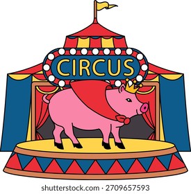 Un cerdo está de pie en un escenario frente a una carpa de circo