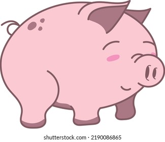 Pig standing profile view, pink pig, smiling cute face