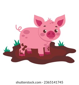 Сute pig is standing in a puddle of mud. Farm animals. Vector graphic.