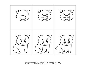 Pig. Step by step drawing. Coloring page, coloring book page. Black and white vector illustration.