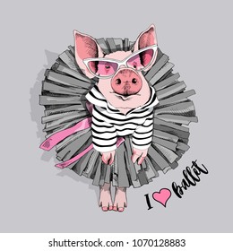 Pig in a striped cardigan, in a ballet black tutu skirt, in a pink sunglasses. Vector illustration.