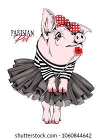 Schweinefleisch in einem gestreiften Ziegenfleisch, in einem schwarzen Tutu-Rock, in einem roten Polka-Dot-Headband und mit einem Lips-Fotostand. Vektorillustration.