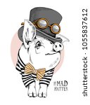 Pig in a in a striped cardigan, in a bow tie and with a steampunk Top hat. Vector illustration.