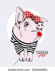 Pig in a striped cardigan, in a red polka dot headband and with a Lips Photo Booth. Vector illustration.