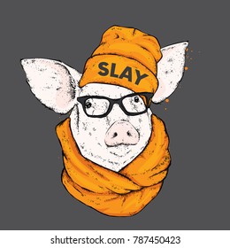 Pig in a stylish hat, glasses and a scarf. Vector illustration for a postcard or a poster. Piglet in clothes and accessories. Animal.