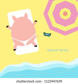 Pig sunbathing on the beach by the sea. Zodiac chinese symbol. Greeting card. Summer beach holidays. Vector illustration. the year of the Pig 2019.