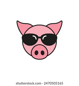 Pig with sunglasses. Colored vector icon. Front view. Isolated illustration on white background. Flat style and design.