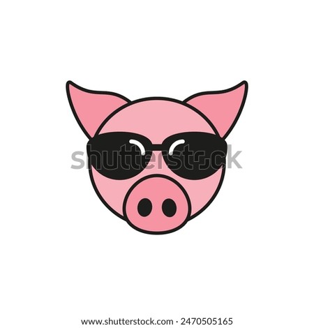 Pig with sunglasses. Colored vector icon. Front view. Isolated illustration on white background. Flat style and design.