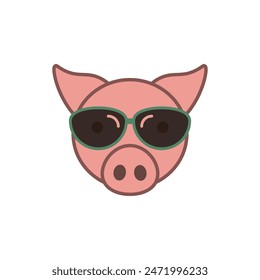 Pig with sunglasses. Front view. Colored vector isolated illustration on white background. Flat style and design.