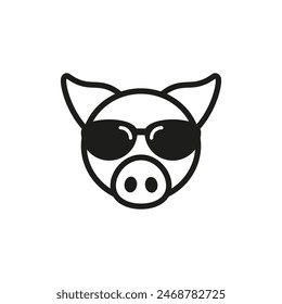 Pig with sunglasses. Outline vector icon. Front view. Isolated illustration on white background. Flat style and design.