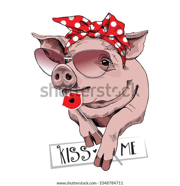 サングラスをかけた豚と フォトブースのプロップ用の唇を持つ赤いポルカドットのヘッドバンド ベクターイラスト のベクター画像素材 ロイヤリティフリー