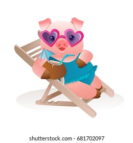 pig in sunglasses vector Summer time on beach illustration, coconut cocktail.