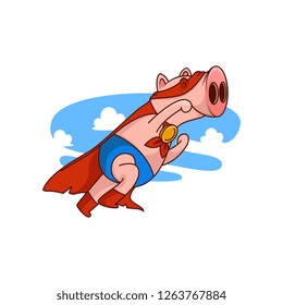 Pig superhero in flying action with paw up. Funny humanized animal in red cape and mask. Cartoon vector icon