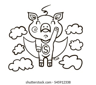 pig superhero flying in the clouds,sketch