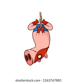 Pig superhero hanging on rope upside down. Funny humanized animal in red mask. Cartoon vector illustration