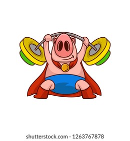 Pig superhero holding barbell above his head. Farm animal in blue shorts and red mantle. Cartoon vector design