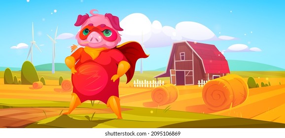 Pig superhero in red costume with cape and mask standing on farm field. Vector cartoon illustration of rural landscape with hay bales, barn, wind turbines and cute piggy character in super hero suit