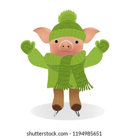 Pig in sweater on skates. 2019 Chinese New Year of the Pig. Christmas greeting card