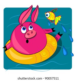 pig swimming in ocean.vector card illustration. cute animal with water background