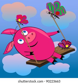 pig swinging in sky with clouds.vector illustration card.cartoon character