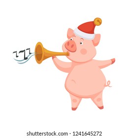 Pig symbol of 2019 approaching new year playing on trumpet