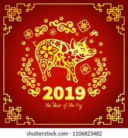 Pig is a symbol of the 2019 Chinese New Year. Greeting card in Oriental style. Golden frame, floral pattern and zodiac sign Pig on red background.