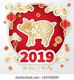 Pig is a symbol of the 2019 Chinese New Year. Greeting card in Oriental style. Round frame, floral elements, lanterns and Golden zodiac sign Pig on red background. Paper cut art 