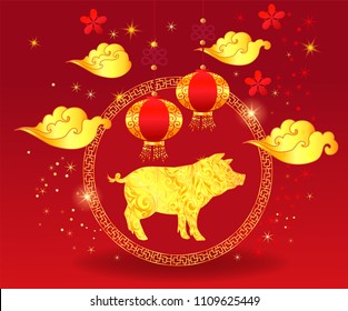 Pig is a symbol of the 2019 Chinese New Year. Red background with yellow golden pig for greeting card. 