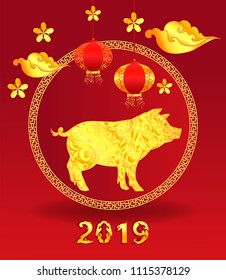 Pig is a symbol of the 2019 Chinese New Year. Red background with golden circle frame for congratulations and greeting card and glod yellow pig.