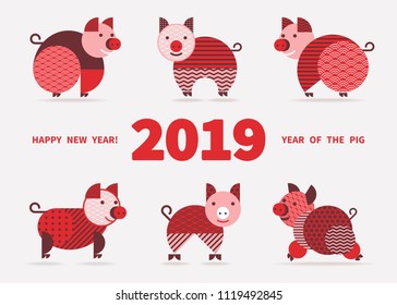 Pig é um símbolo do Ano Novo Chinês 2019. Cartão em estilo oriental com porcos, elementos geométricos