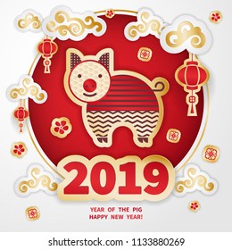 Pig is a symbol of the 2019 Chinese New Year. Greeting card in Oriental style. Round frame, floral elements, lanterns and Golden zodiac sign Pig on red background. Paper cut art 