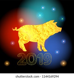Pig is a symbol of the 2019 Chinese New Year. Background for congratulations and greeting card with gloden yellow pig.