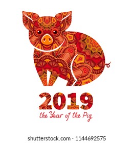 Pig is a symbol of the 2019 Chinese New Year. Decorative ornamented zodiac sign Pig on white background