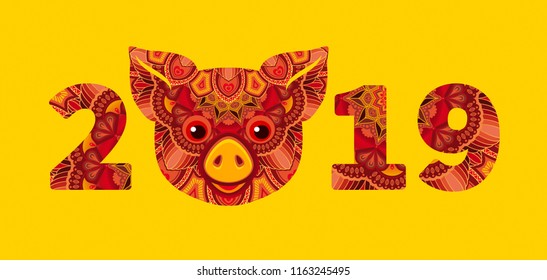 Pig is a symbol of the 2019 Chinese New Year. Decorative ornamented zodiac sign Pig on yellow background