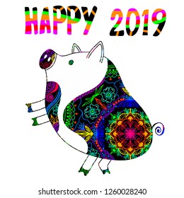 Pig is a symbol of the 2019 Chinese New Year. Decorative ornamented zodiac sign Pig on white background