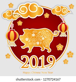 Pig is a symbol of the 2019 Chinese New Year. Greeting card in Oriental style. Round frame, floral elements, lanterns and Golden zodiac sign Pig on red background. Paper cut art - Illustration