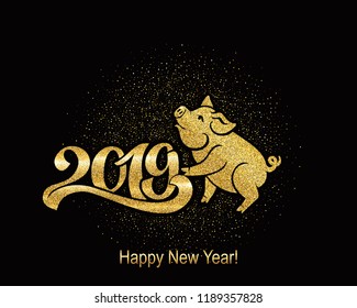 Pig is a symbol of the 2019 Chinese year. Greeting card, golden pig. Vector illustration. Eps 10