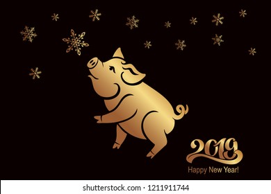Pig is a symbol of the 2019 Chinese year. Greeting card, poster. Vector illustration.