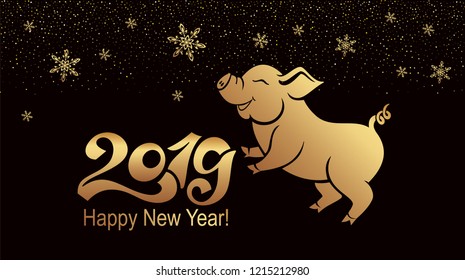 Pig is a symbol of the 2019 Chinese year. Greeting card, poster. Vector illustration.