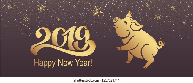Pig is a symbol of the 2019 Chinese year. Greeting card, poster. Vector illustration.