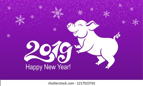 Pig is a symbol of the 2019 Chinese year. Greeting card, poster. Vector illustration.