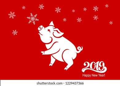 Pig is a symbol of the 2019 Chinese year. Greeting card, poster. Vector illustration.
