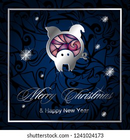 The pig is the symbol of 2019. Christmas greeting card with silver pig with stained glass effect on a dark blue patterned background. Vector illustration. Eps 10