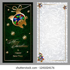 The pig is the symbol of 2019. Christmas greeting card with gold pig with stained glass effect on a dark green patterned background. Vector illustration. Eps 10