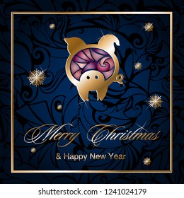 The pig is the symbol of 2019. Christmas greeting card with gold pig with stained glass effect on a dark blue patterned background. Vector illustration. Eps 10