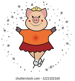 Pig, symbol of 2019, figure skating. Figure skater. Winter sports on ice. Surrounded by hand drawn snowflakes. Contour style. Isolated on white background. Vector illustration. 