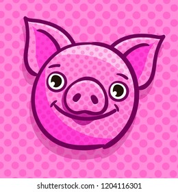 Pig is a symbol of 2019 new year. Head of the smiling Pig in pop art style on pink background. Vector illustration.